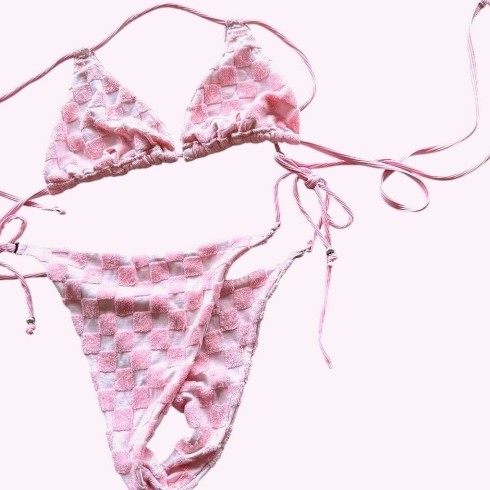 Pink Checkered Terry Cloth Bikini Set Triangle